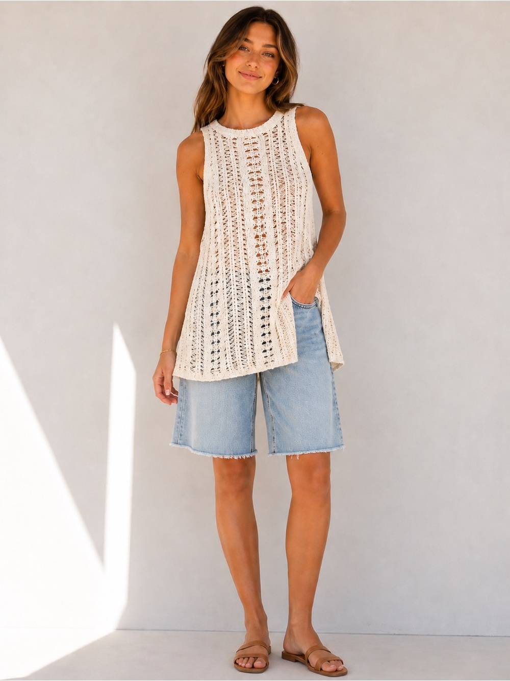 Cotton Blend Sleeveless Crochet Knit Tunic Top in Cream